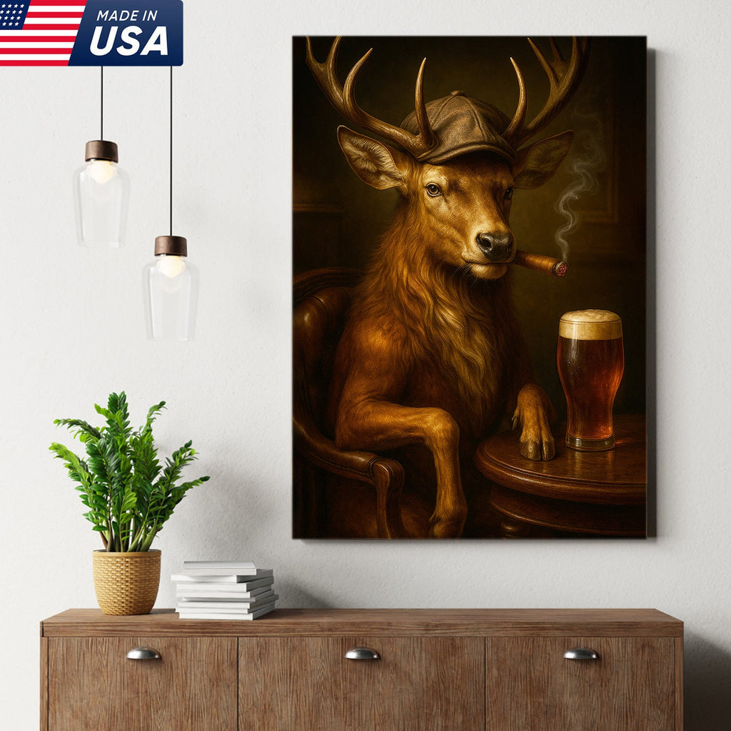 Classy Deer Smoking Cigar Canvas – Rustic Beer Lover Wall Art for Cabin & Man Cave