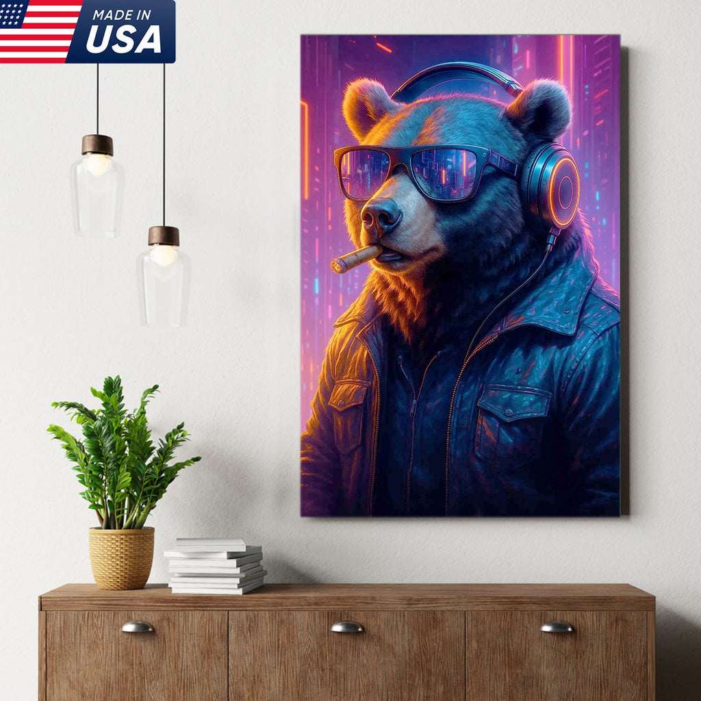 Cyberpunk Bear Wall Art Canvas, Cool DJ Bear with Headphones Neon City Decor