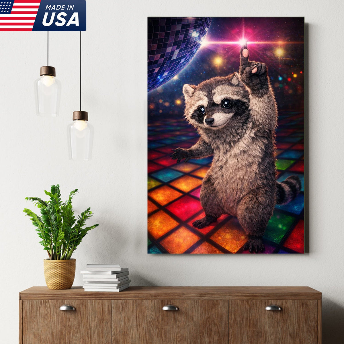 Disco Raccoon Wall Art Canvas Print, Funny Dancing Animal Illustration