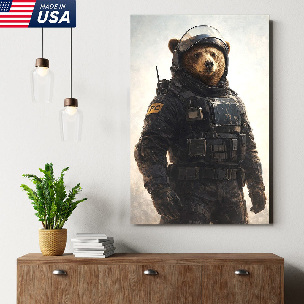 Tactical Bear Soldier Canvas Wall Art – Realistic Military Animal Print