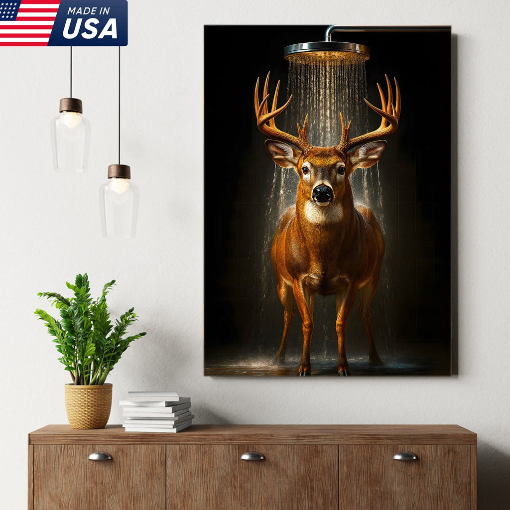 Funny Deer Shower Canvas Wall Art, Whimsical Buck Bathroom Decor