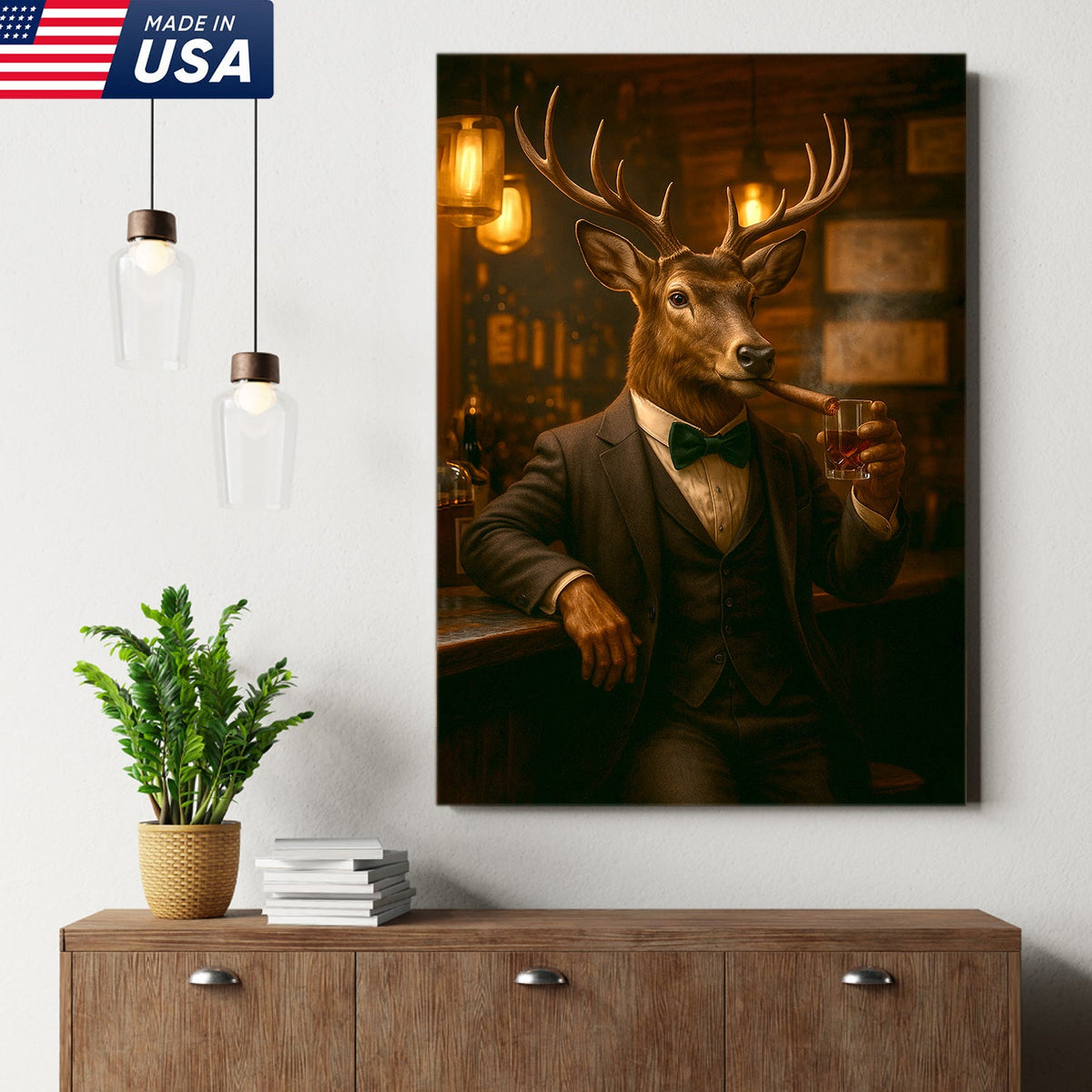 Deer Gentleman Wall Art – Classy Drinking & Smoking Canvas for Bar, Lodge & Man Cave Decor