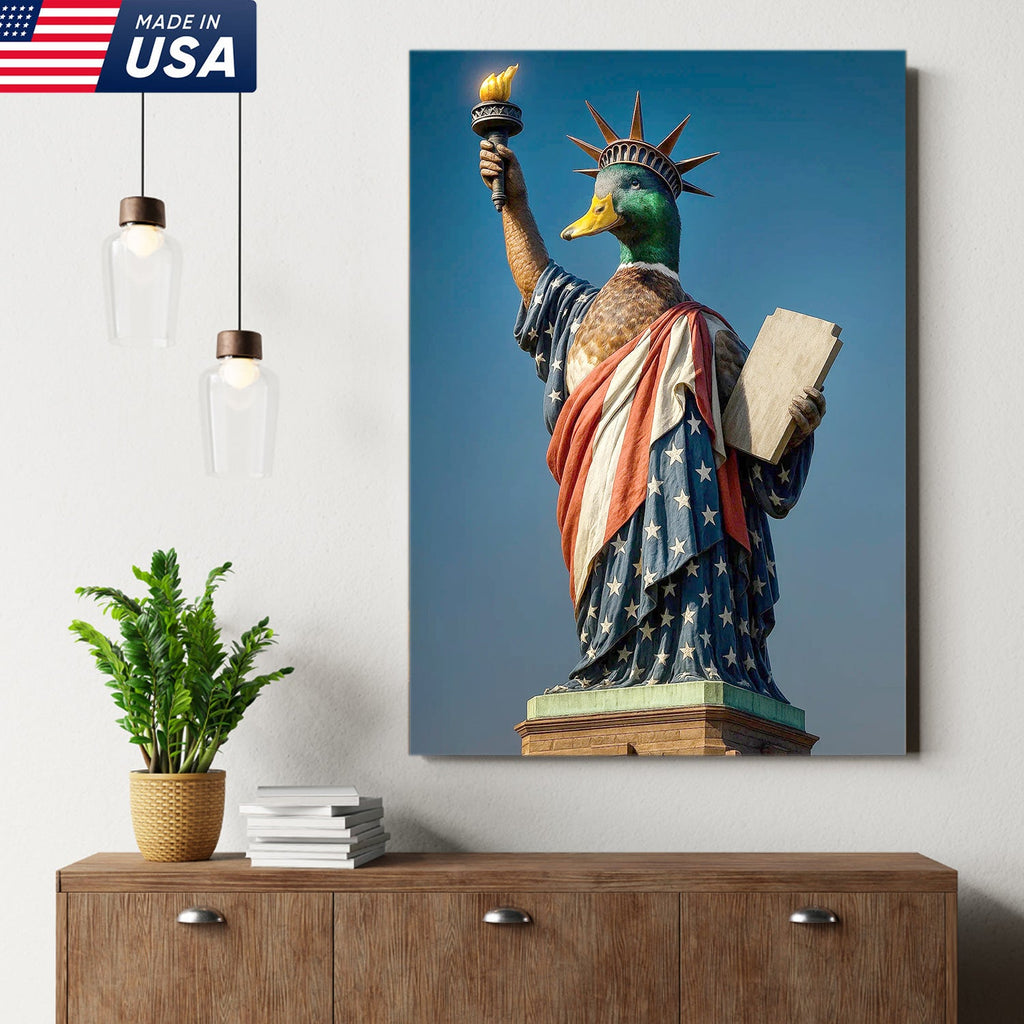 Duck of Liberty Canvas Wall Art, Funny Patriotic Duck Statue Artwork