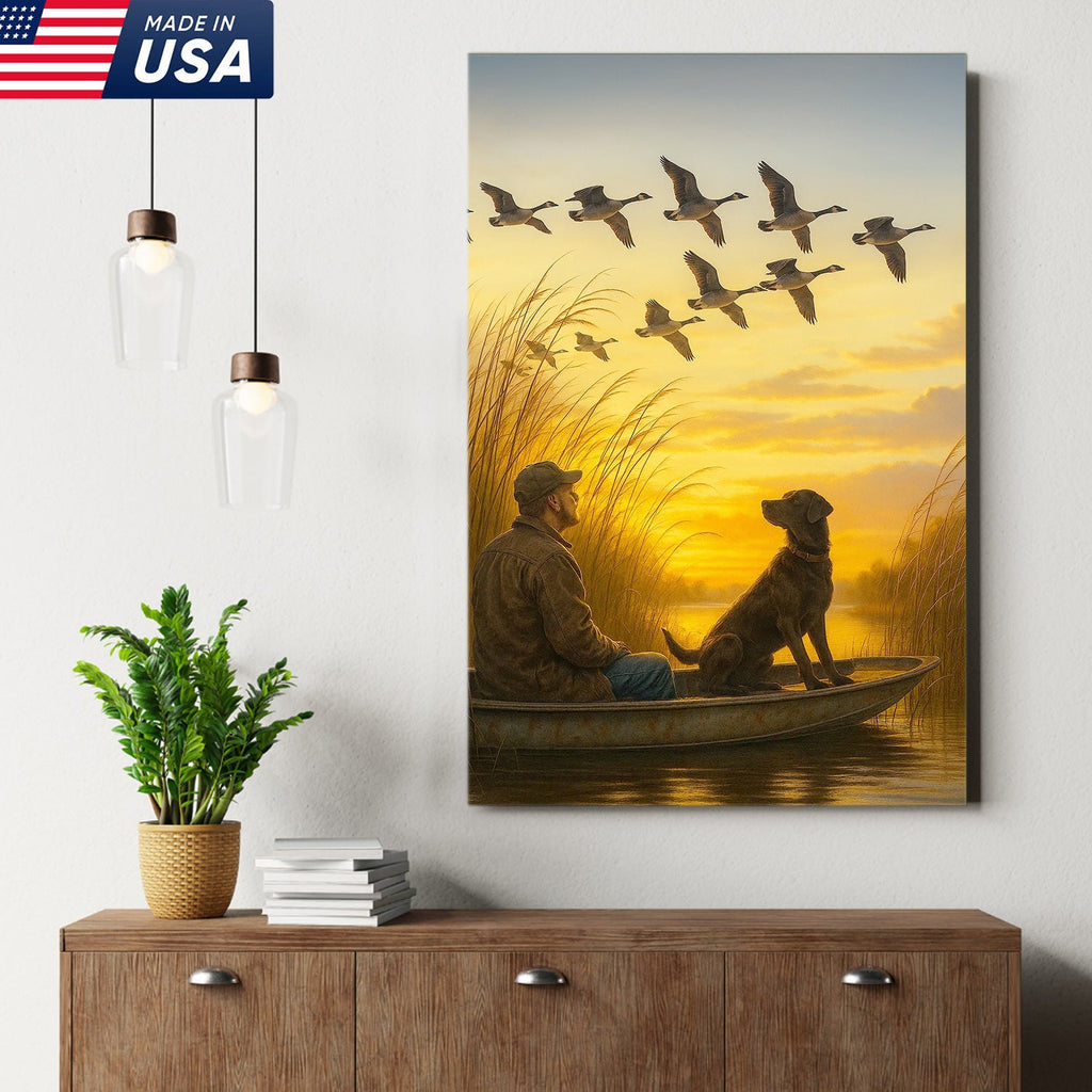 Waterfowl Hunting Wall Art – Duck Flock at Dawn, Hunter & Retriever In Boat, Rustic Decor