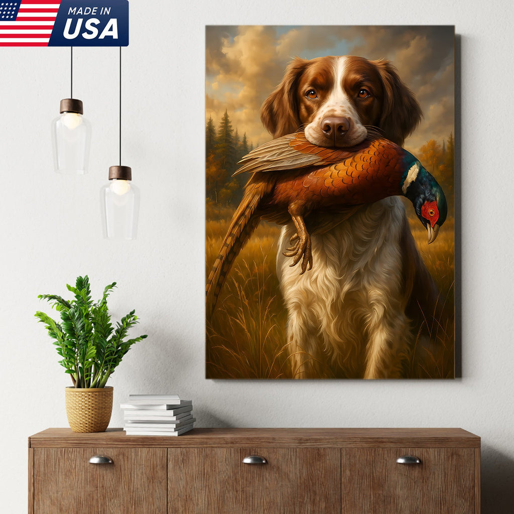 Upland Hunting Dog Canvas Wall Art – Brittany with Pheasant, Rustic Cabin Decor