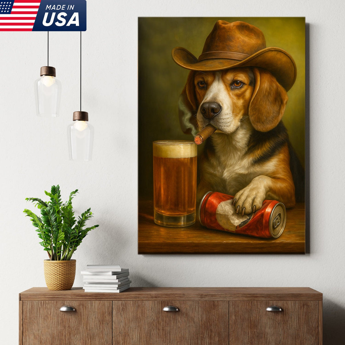 Funny Cowboy Dog Canvas Wall Art - Rustic Bar Wall Art Gift for Hunters, Outdoorsmen & Man Caves