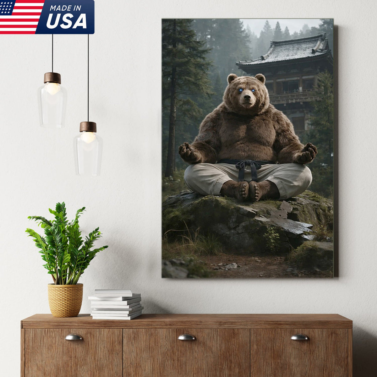 Zen Meditating Bear Canvas Wall Art, Martial Arts Bear in Forest Temple