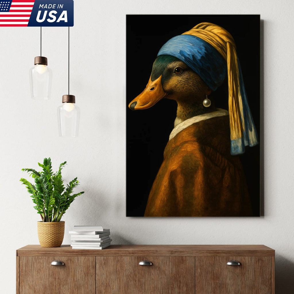 Duck with Pearl Earring Portrait Canvas, Funny Parody Duck Wall Art