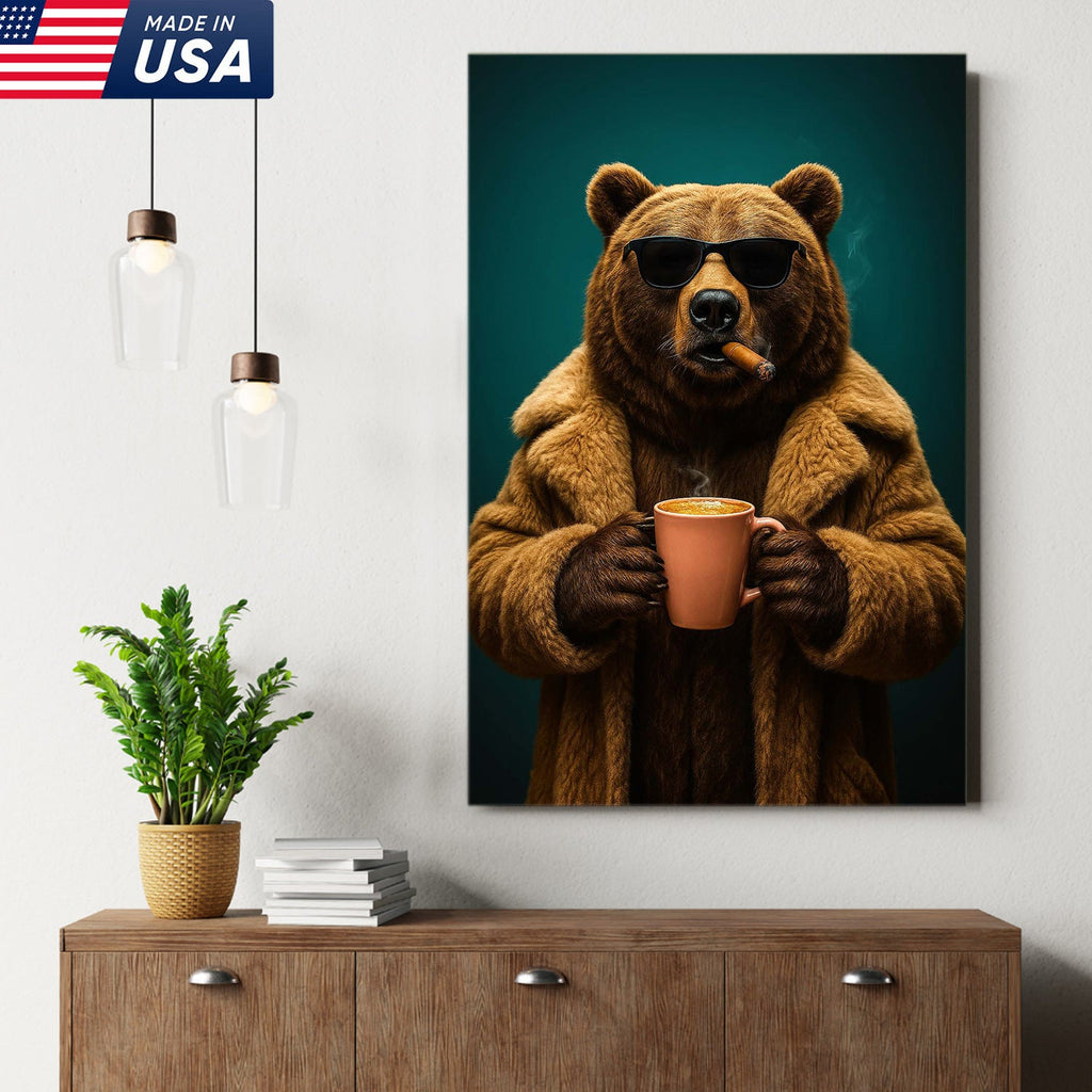 Cool Bear Wall Art Canvas - Smoking Bear Print, Funny Cigar Bear Decor