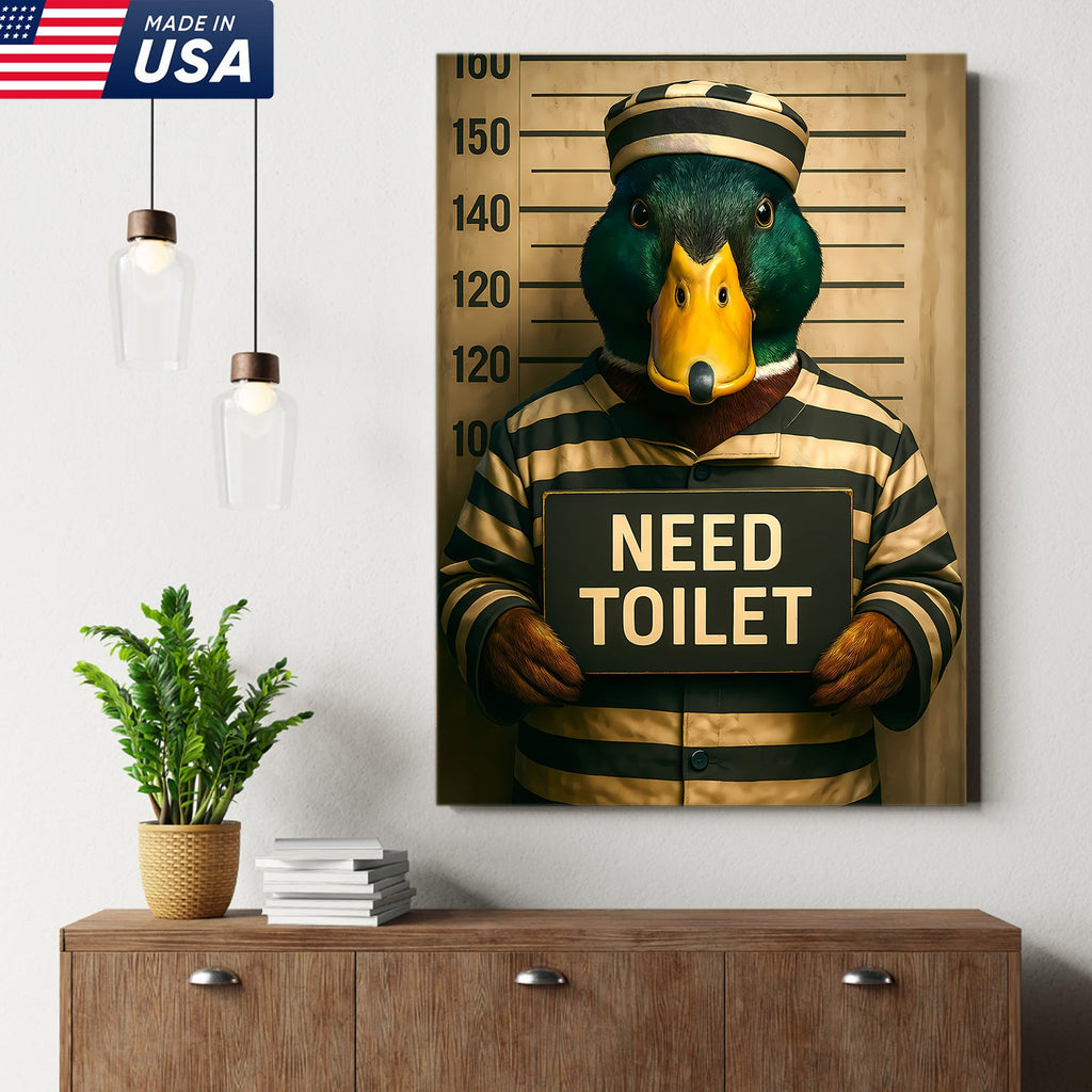 Funny Duck Mugshot Canvas – Bathroom Wall Art for Men, Toilet Humor Decor, Gag Gift Idea