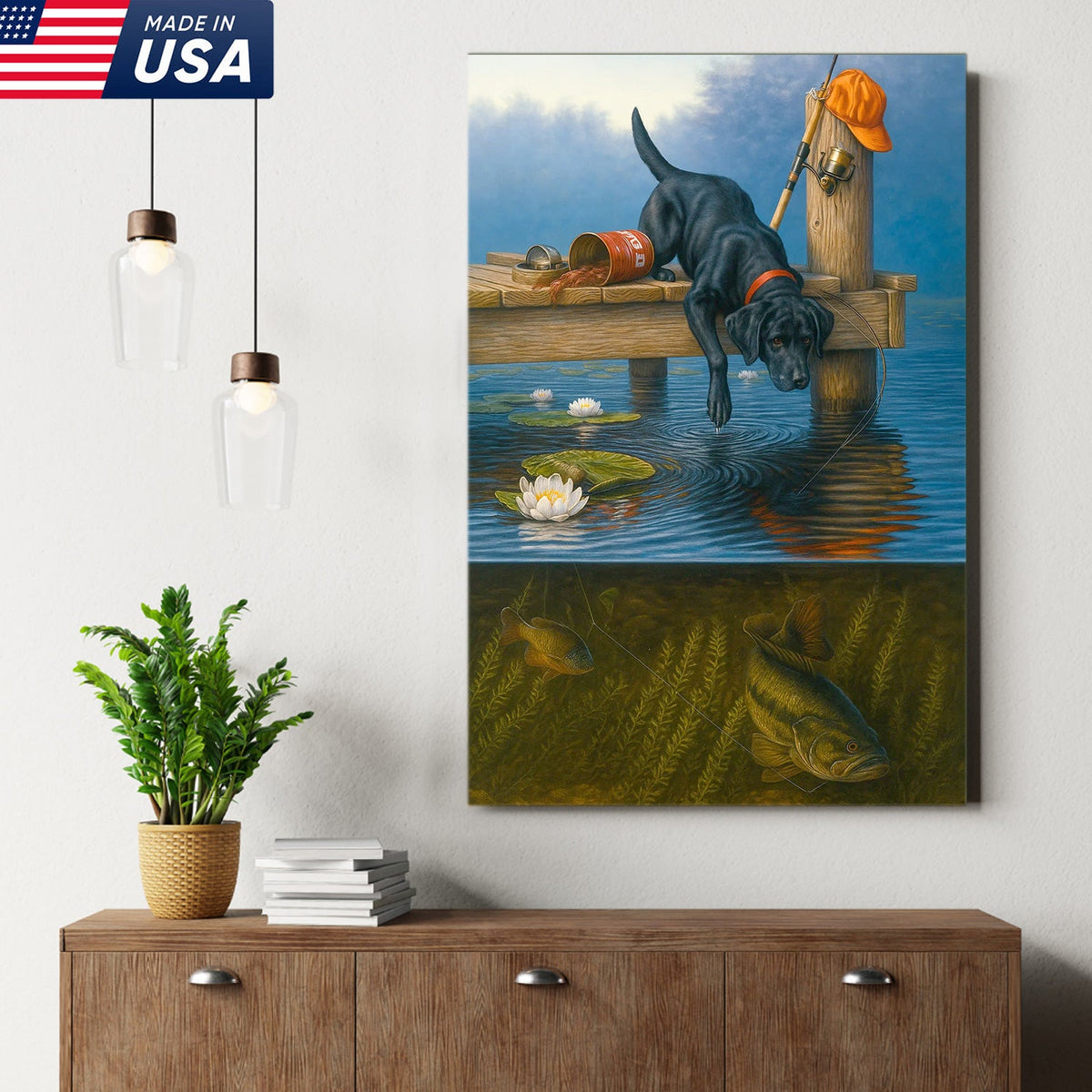 Black Lab Fishing Dock Canvas Wall Art, Lake House Decor, Bass Fish Underwater Split View