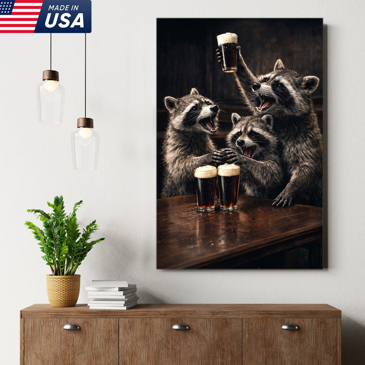 Funny Party Raccoon Wall Art Canvas Print, Wild Friends Celebration Animal Illustration
