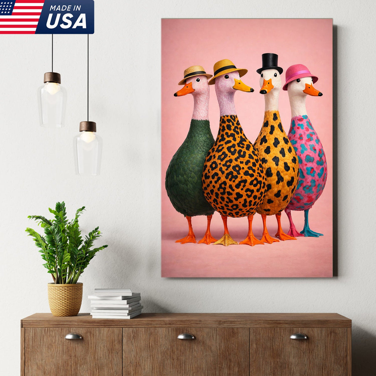 Funny Duck Canvas Wall Art – Colorful Ducks With Hats Painting