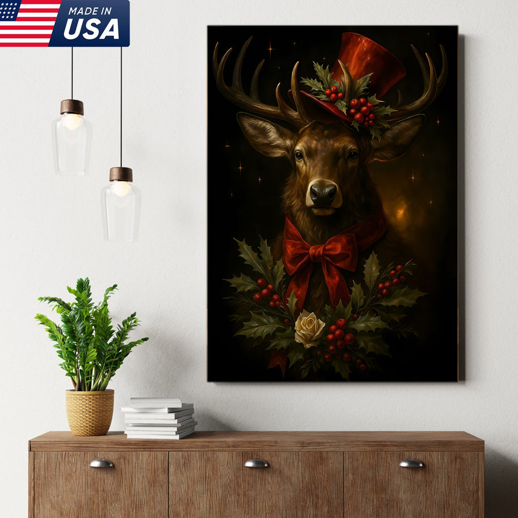 Christmas Deer Canvas Wall Art – Rustic Holiday Decor for Cabin & Lodge