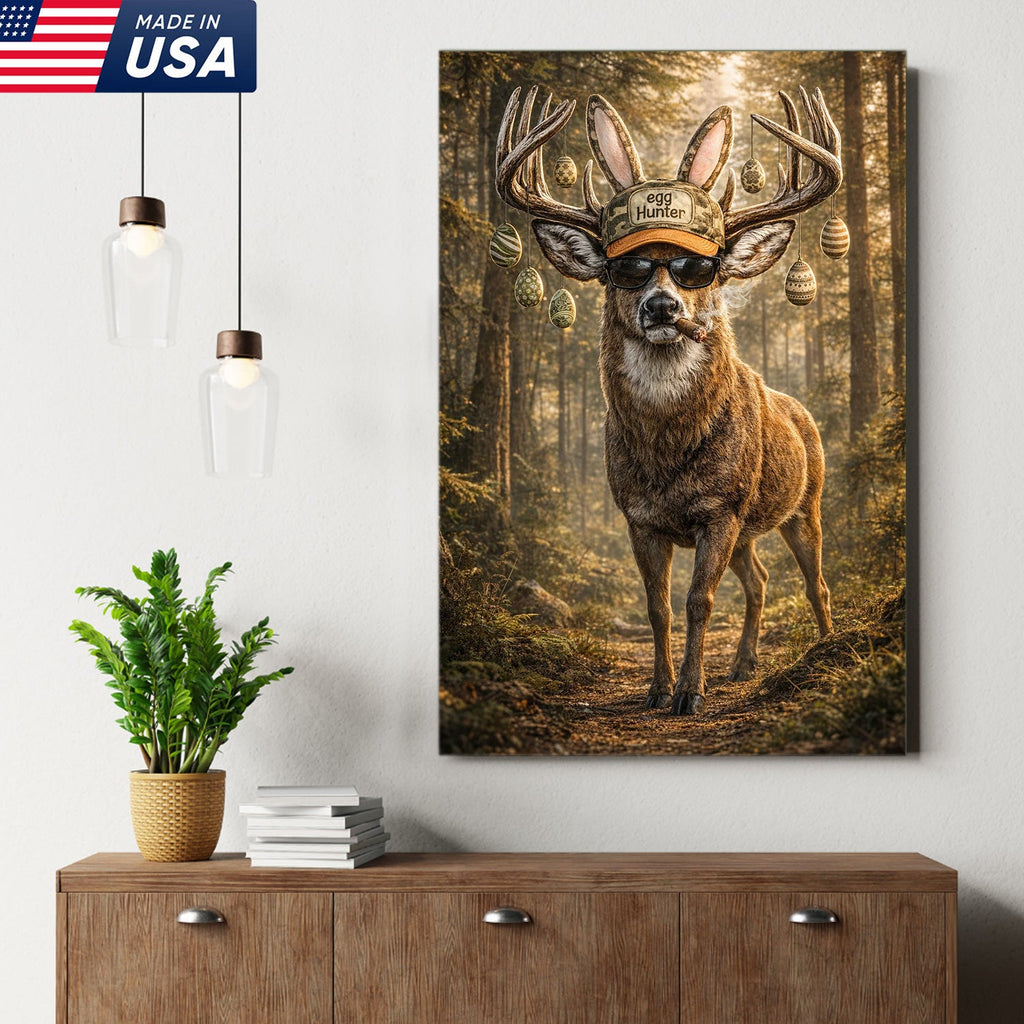 Funny Easter Deer Canvas Wall Art, Cool Egg Hunter Buck with Sunglasses