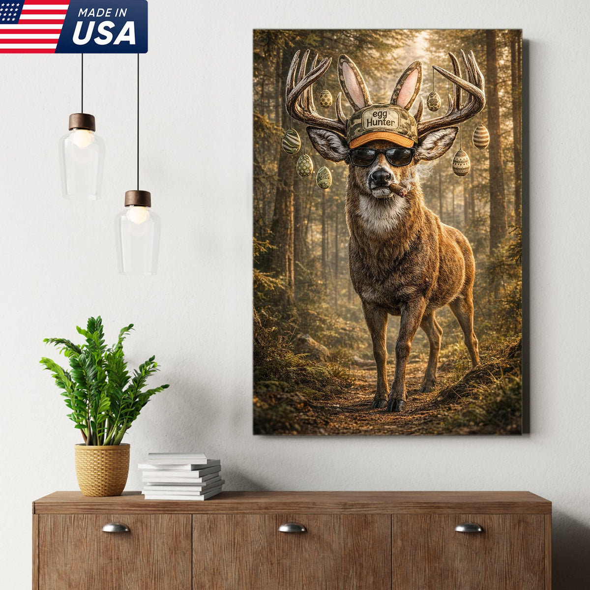 Funny Easter Deer Canvas Wall Art, Cool Egg Hunter Buck with Sunglasses