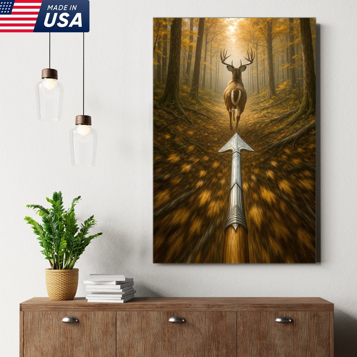 Deer Bow Hunting Canvas Wall Art, Arrowhead Forest Scene Artwork, Rustic Cabin Decor for Hunters