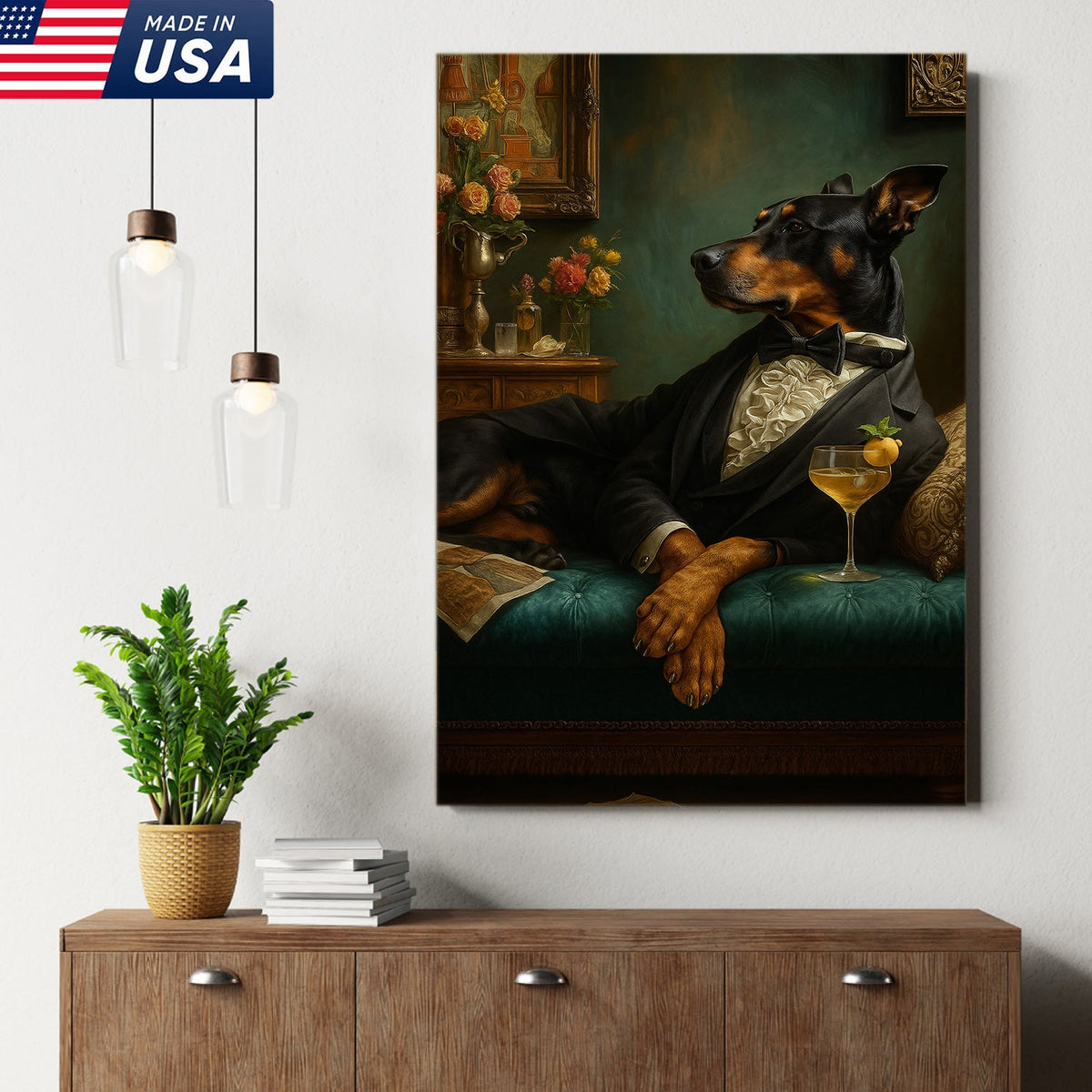 Elegant Doberman Gentleman Wall Art Canvas – Vintage Dog Portrait for Home Bar