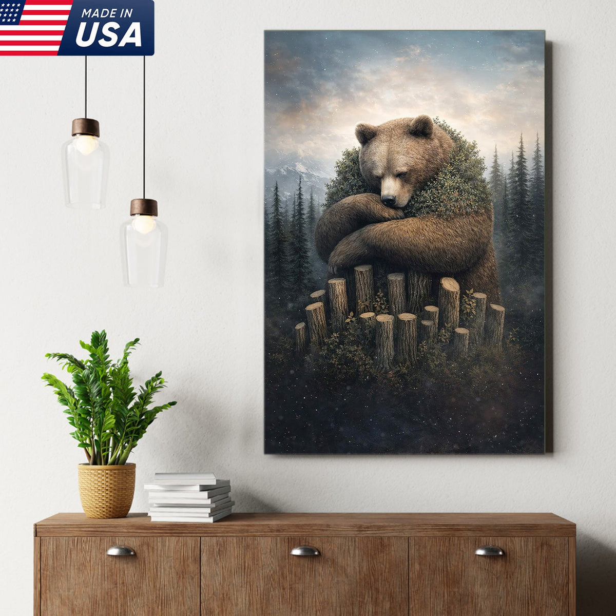 Gentle Bear Forest Canvas Wall Art, Whimsical Nature Bear Illustration