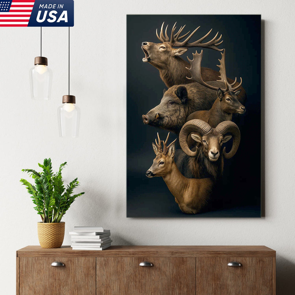 Wild Game Animal Canvas Wall Art, Deer Boar Ram Elk Artwork, Rustic Cabin Decor for Hunters