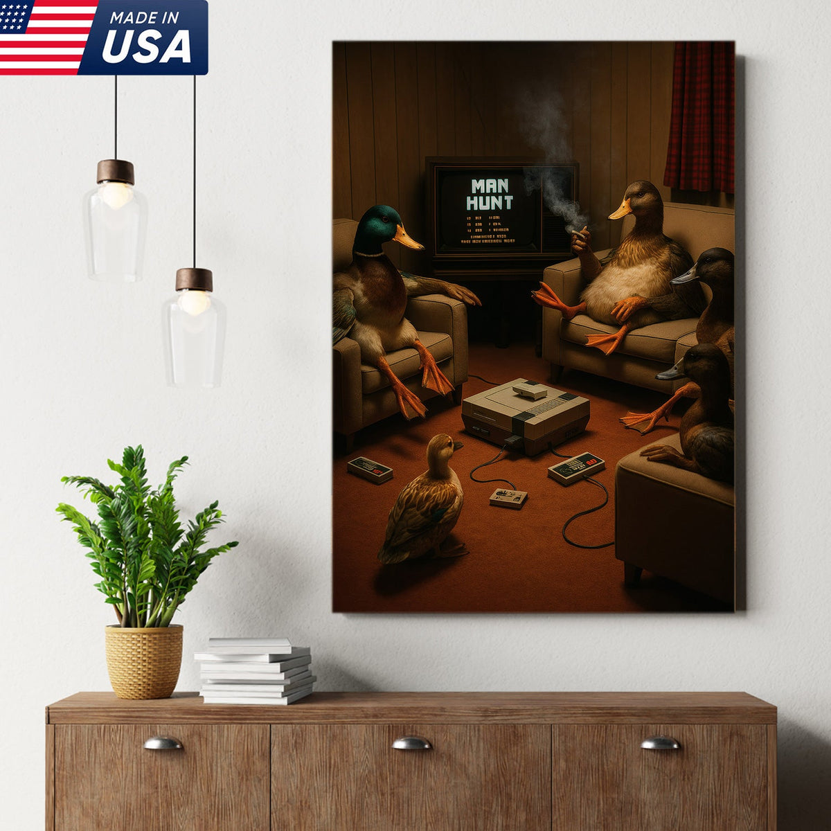 Funny Duck Hunter Retro Canvas Wall Art– Man Hunt Vintage Game Room Wall Art for Hunters