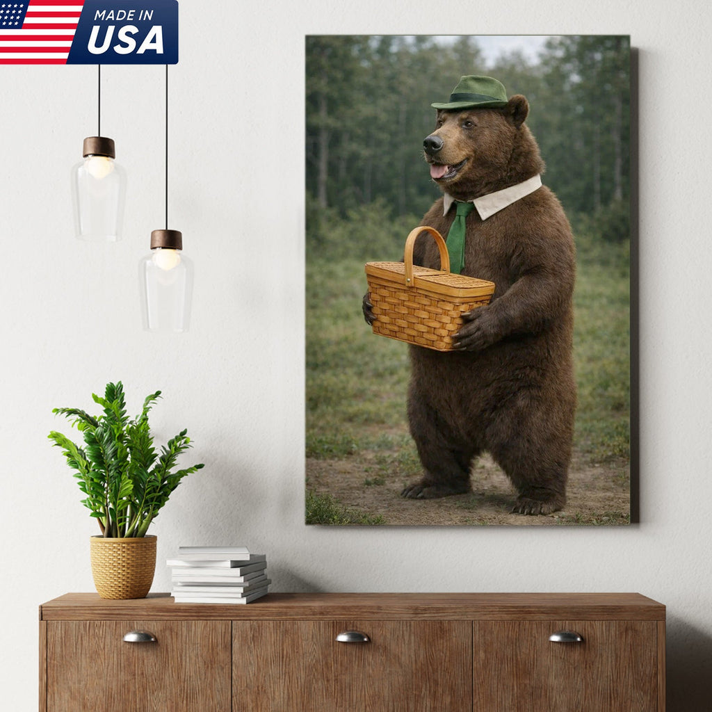 Funny Bear Picnic Canvas Wall Art – Realistic Forest Animal Print