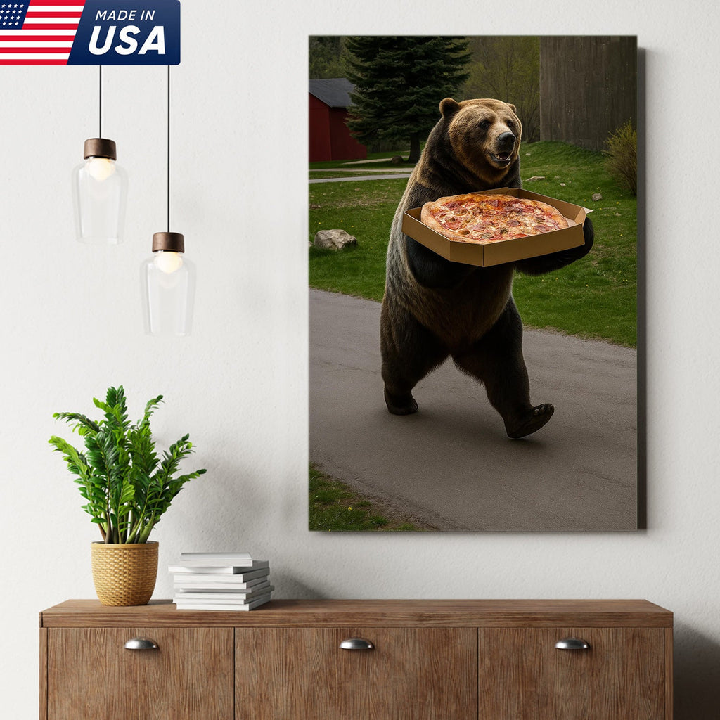 Funny Bear Pizza Canvas Wall Art, Humorous Kitchen Foodie Decor Print