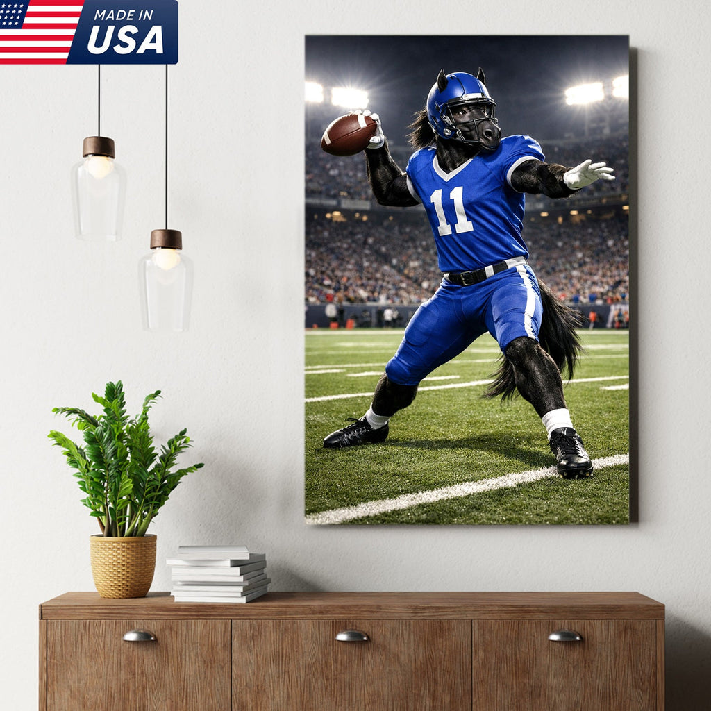 Power Stallion Quarterback Canvas Wall Art – Blue Uniform Horse Athlete Action Print