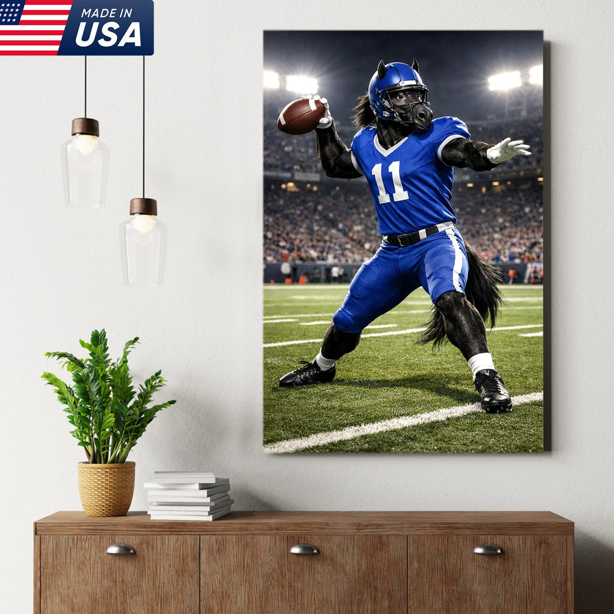 Power Stallion Quarterback Canvas Wall Art – Blue Uniform Horse Athlete Action Print
