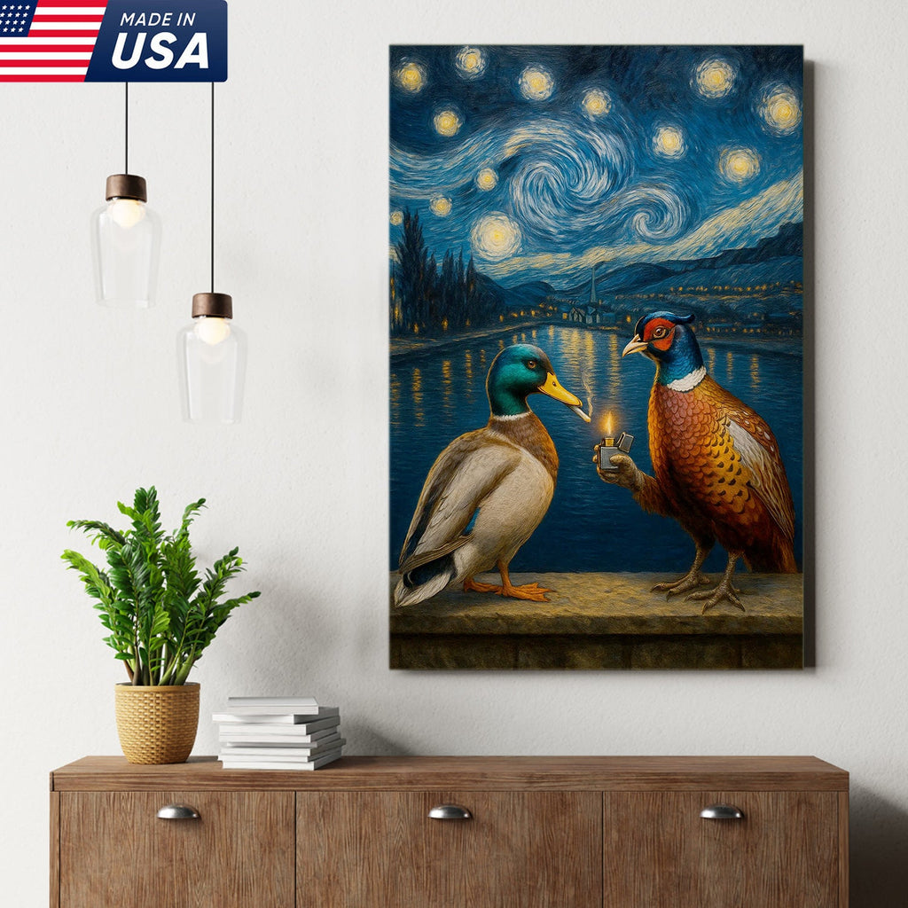 Starry Night Duck and Pheasant Canvas Wall Art, Van Gogh Inspired Wildlife Painting