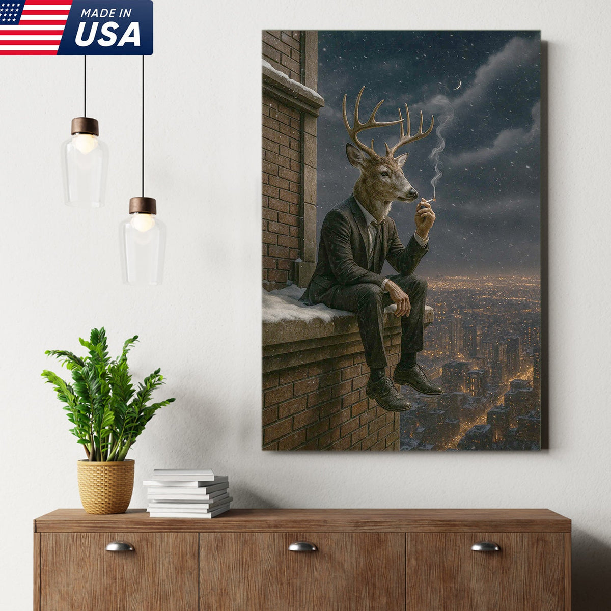 Surreal Deer Man Canvas Wall Art, Anthropomorphic Animal City Night Artwork