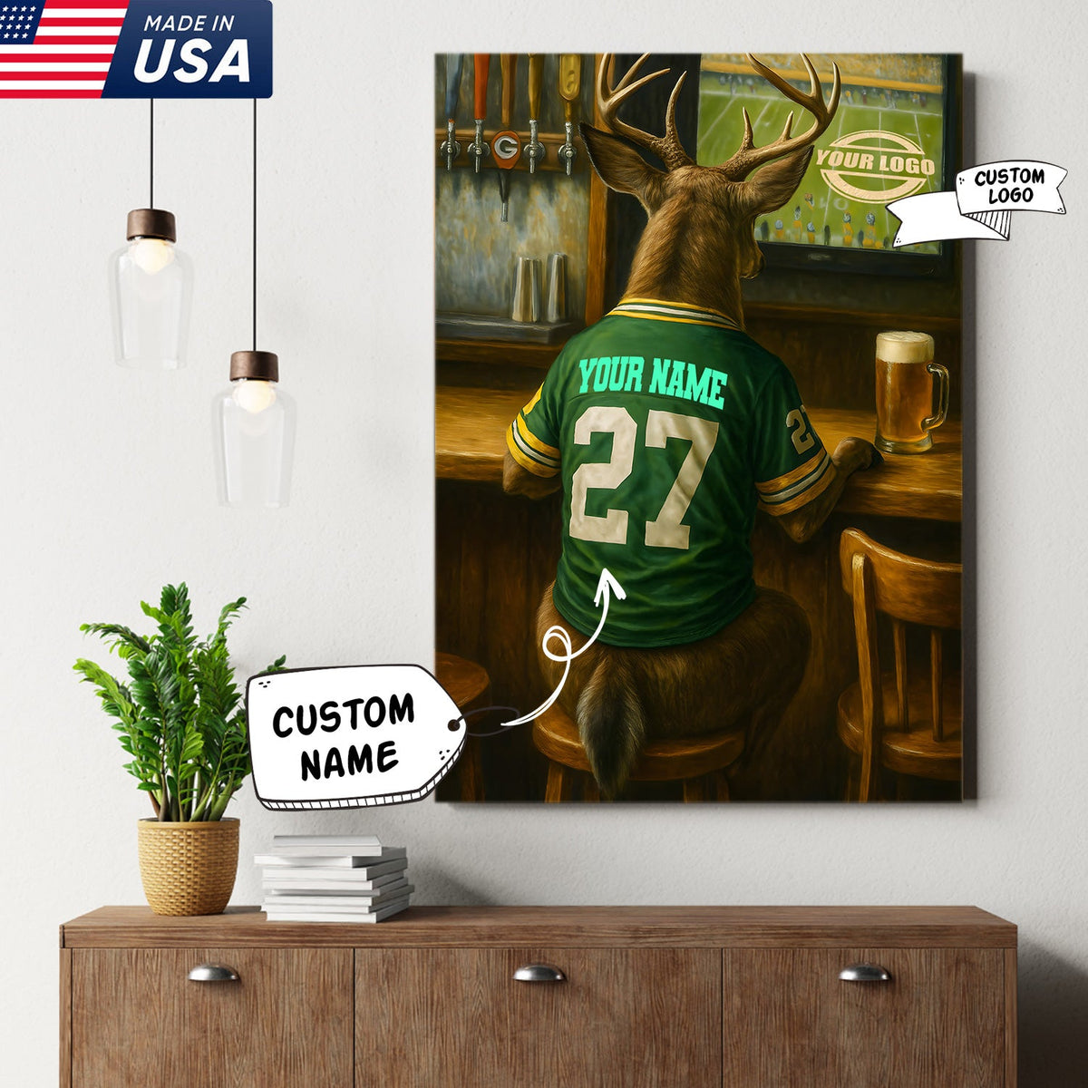 Custom Deer Football Canvas Wall Art – Personalized Deer Watching Sports Drinking Funny Sports Bar Decor