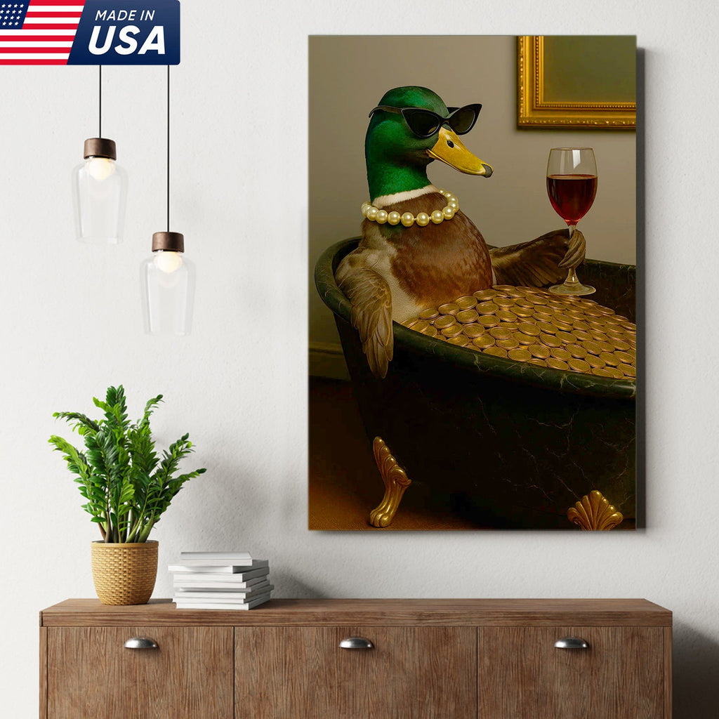 Luxury Duck Canvas Art – Funny Rich Duck in Gold Bathtub, Glam Animal Portrait Wall Decor