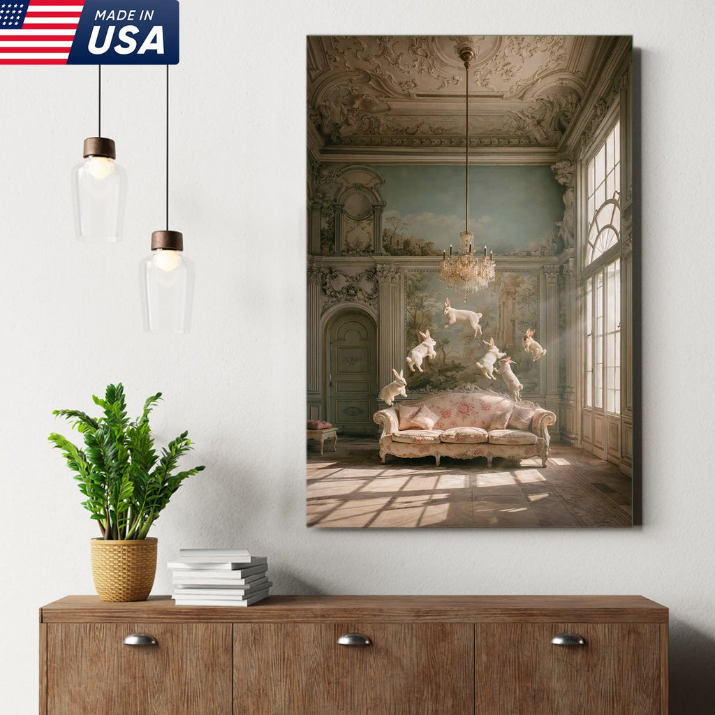Surreal Floating Rabbits Canvas Wall Art, Dreamy Bunny Dance in Elegant Palace Interior