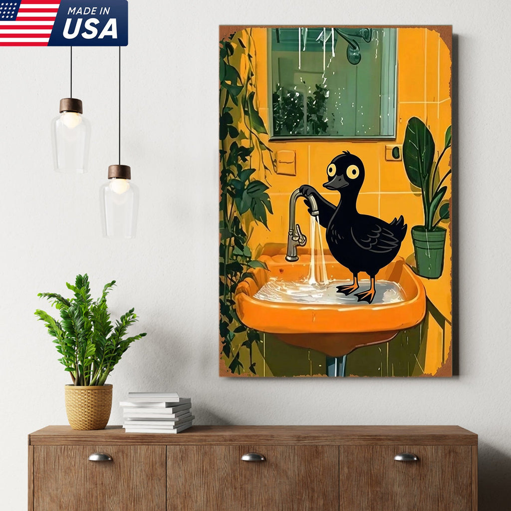 Funny Black Duck Bathroom Canvas Wall Art – Whimsical Bird in Sink Illustration