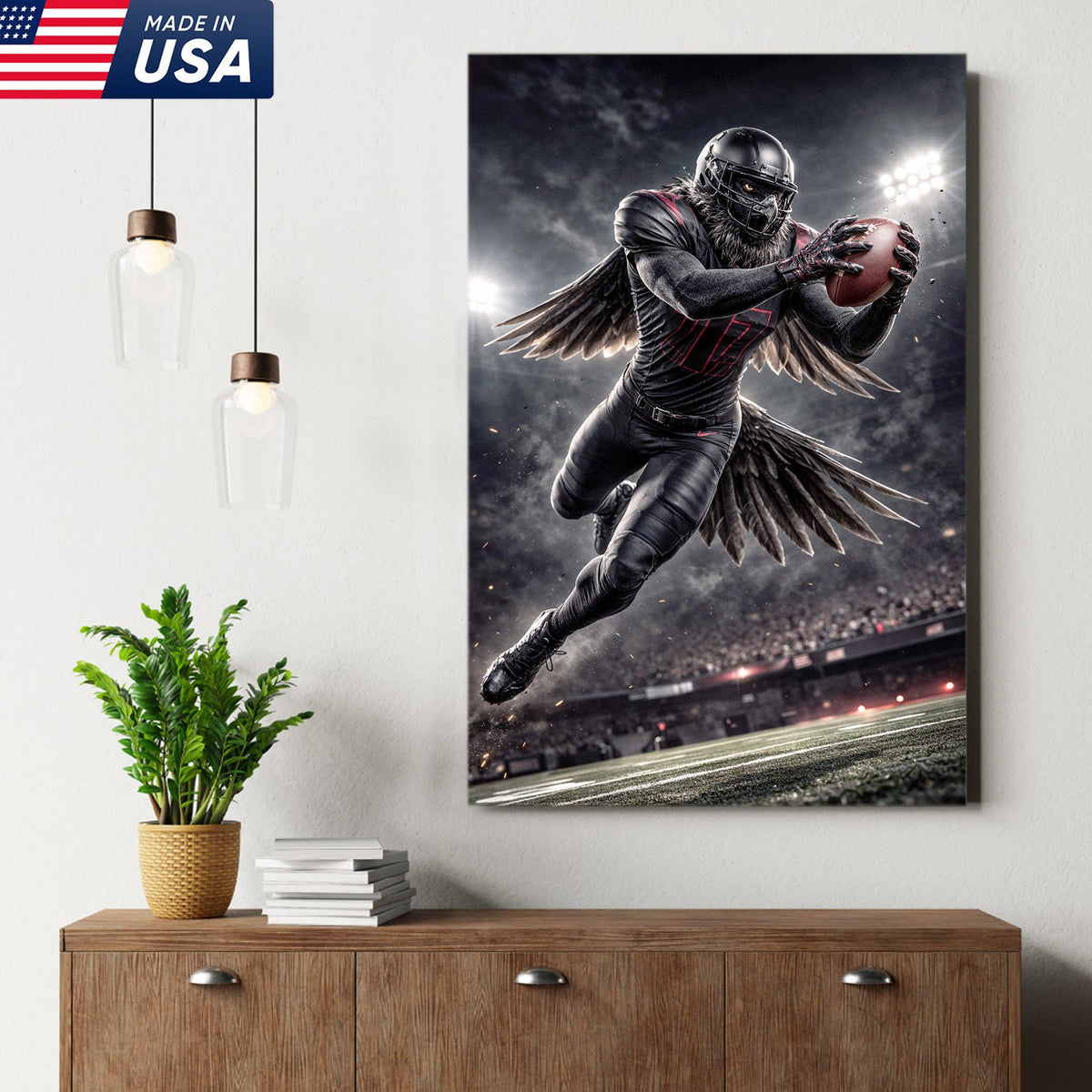 Dark Raven Football Canvas Wall Art – Black Winged Athlete Stadium Action Print
