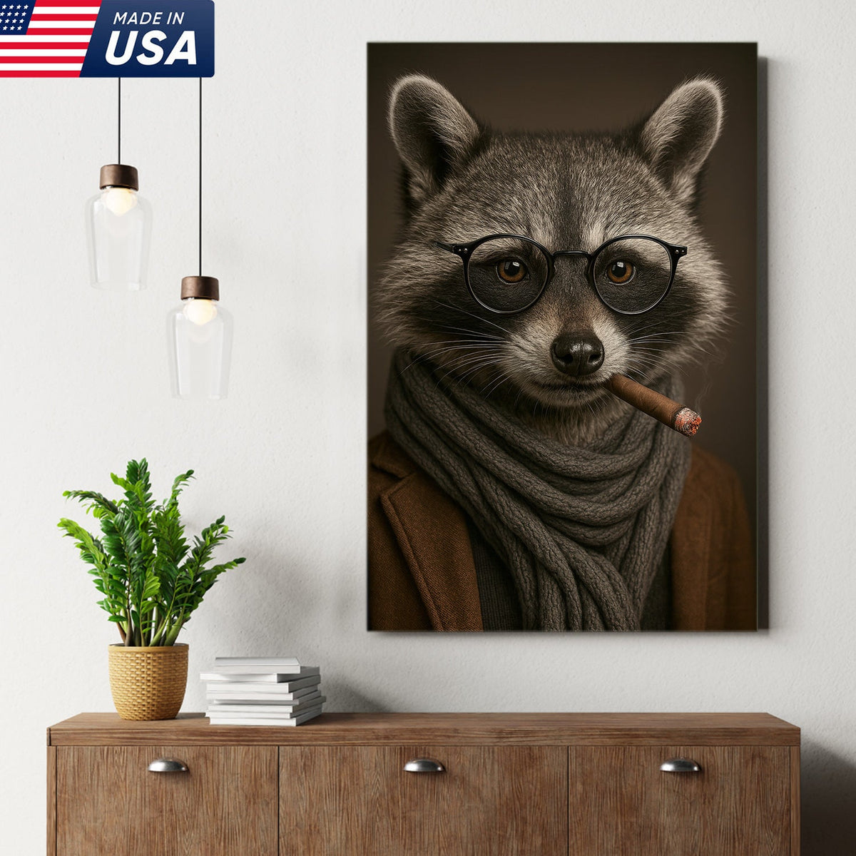 Gentleman Raccoon Cigar Wall Art Canvas – Stylish Animal Portrait for Bar