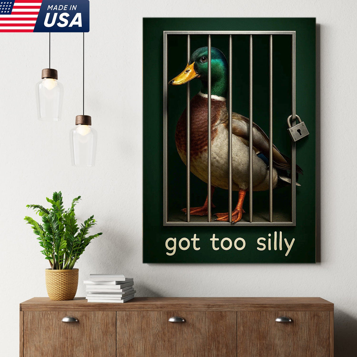 Silly Duck Canvas Wall Art – Funny Mallard Jail Print – Unique Rustic Cabin or Bathroom Decor