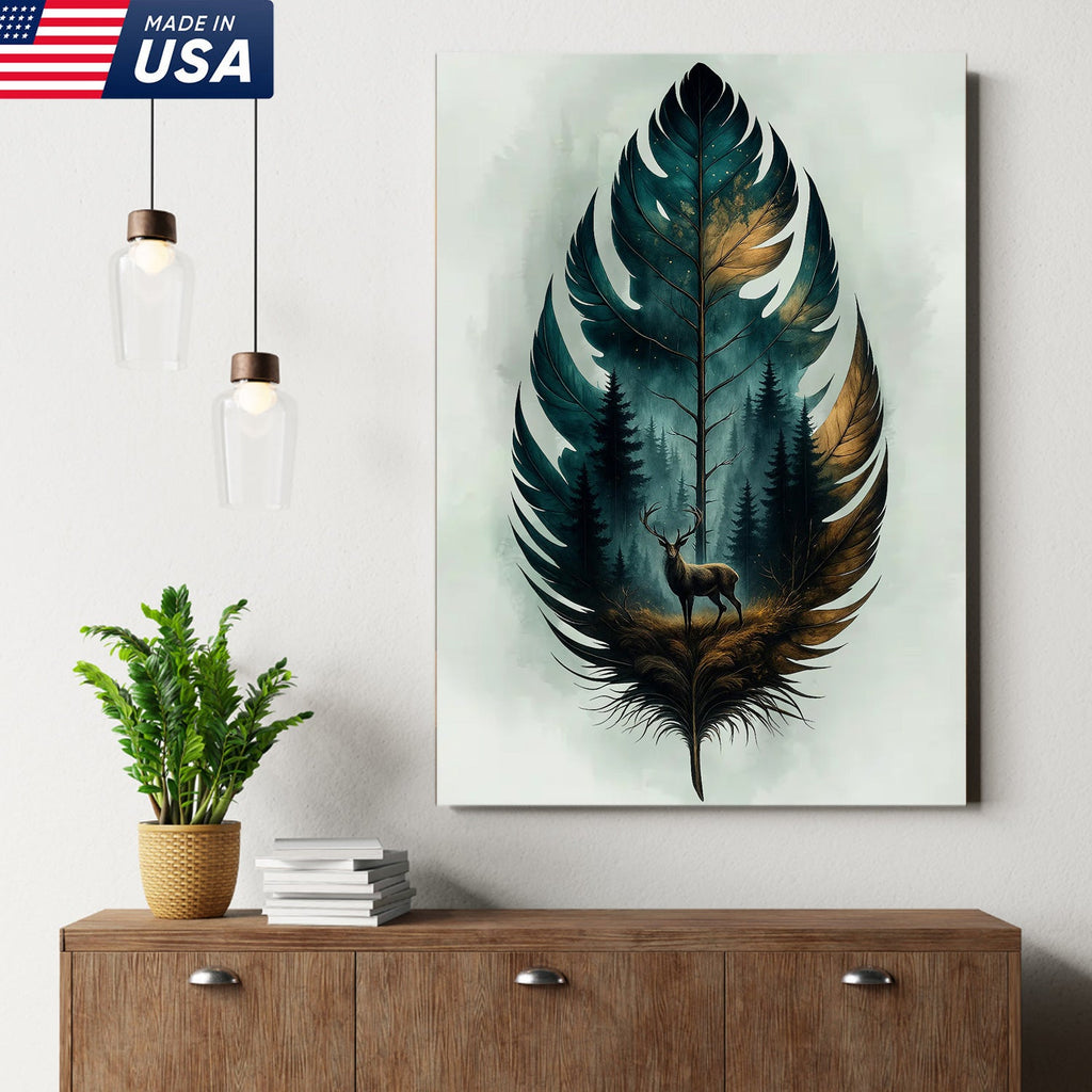 Rustic Deer And Feather Canvas Wall Art – Nature Forest Wildlife Print – Cabin & Lodge Hunting Decor
