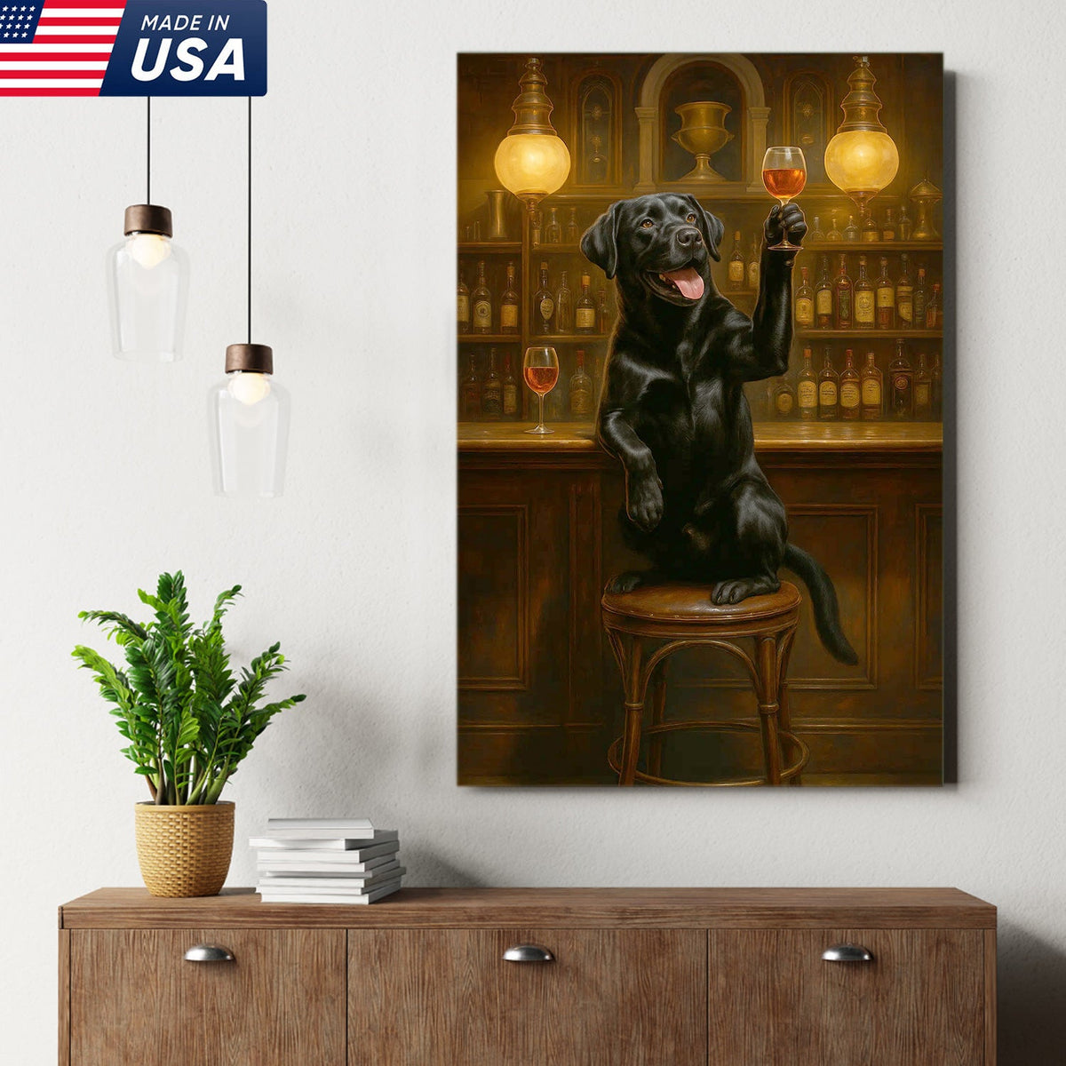 Bar Dog Canvas Art – Cheerful Black Labrador Raising a Fancy Drink