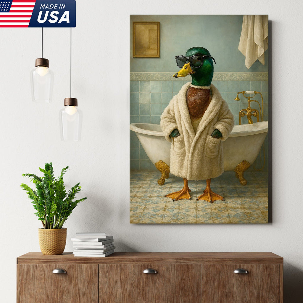 Bathrobe Duck Canvas Art – Cool Duck in Cozy Robe with Sunglasses