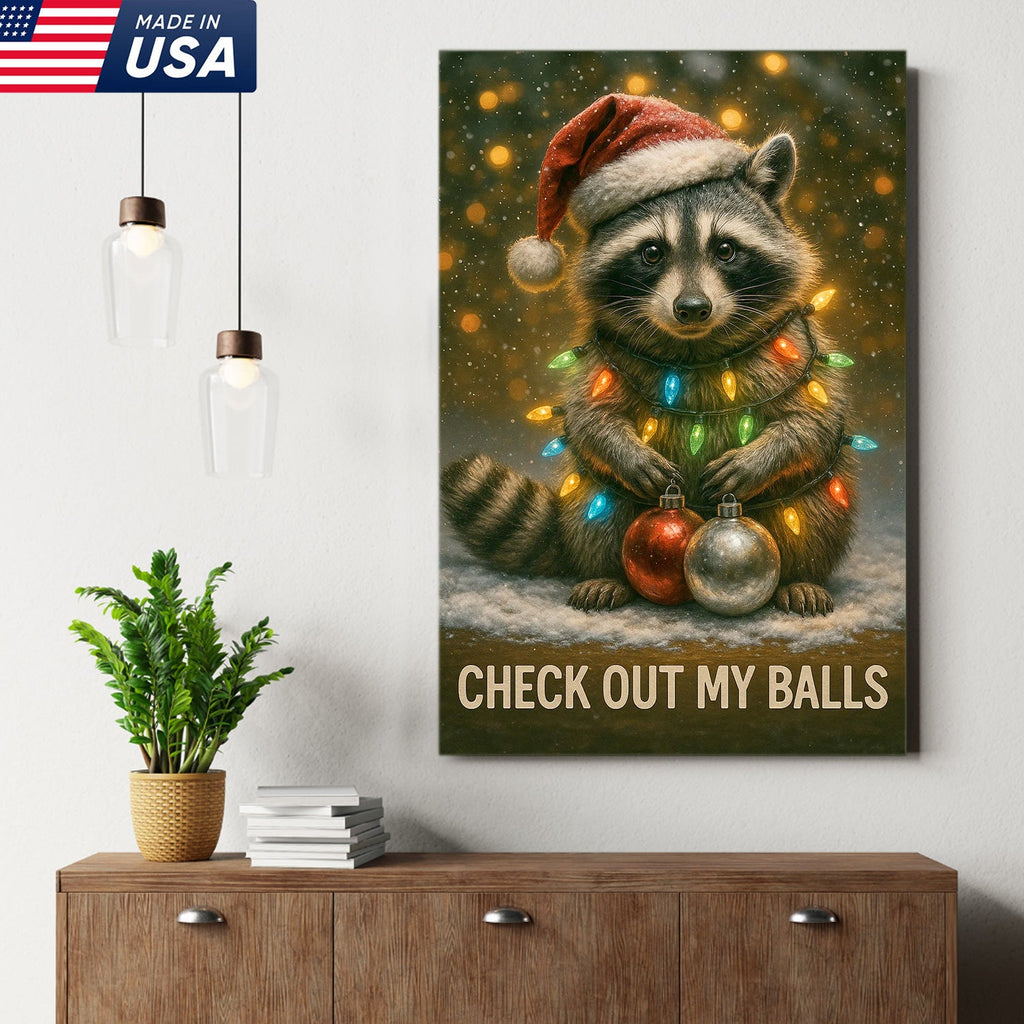 Funny Christmas Raccoon Canvas Art – Cute Holiday Raccoon with Lights & Ornaments