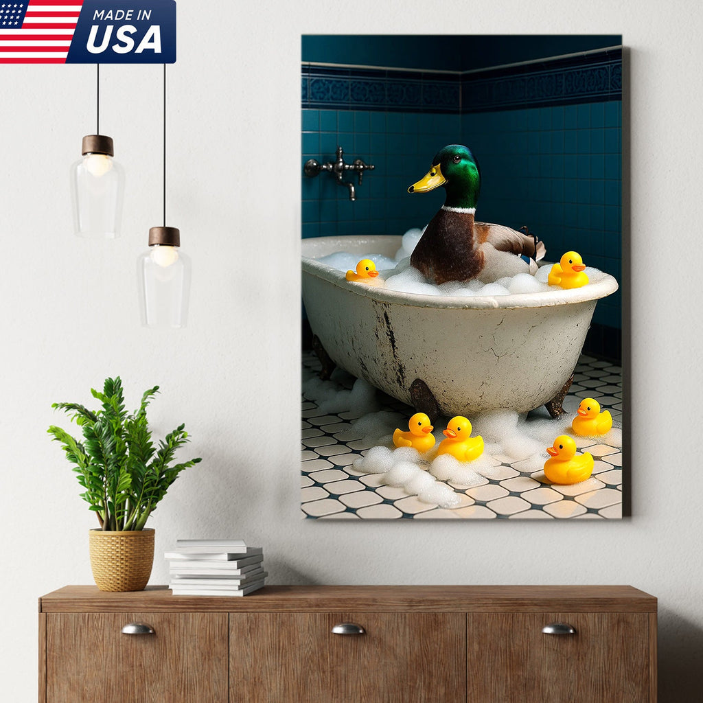Bubble Bath Duck Canvas Art – Funny Duck in Foamy Tub with Rubber Ducklings
