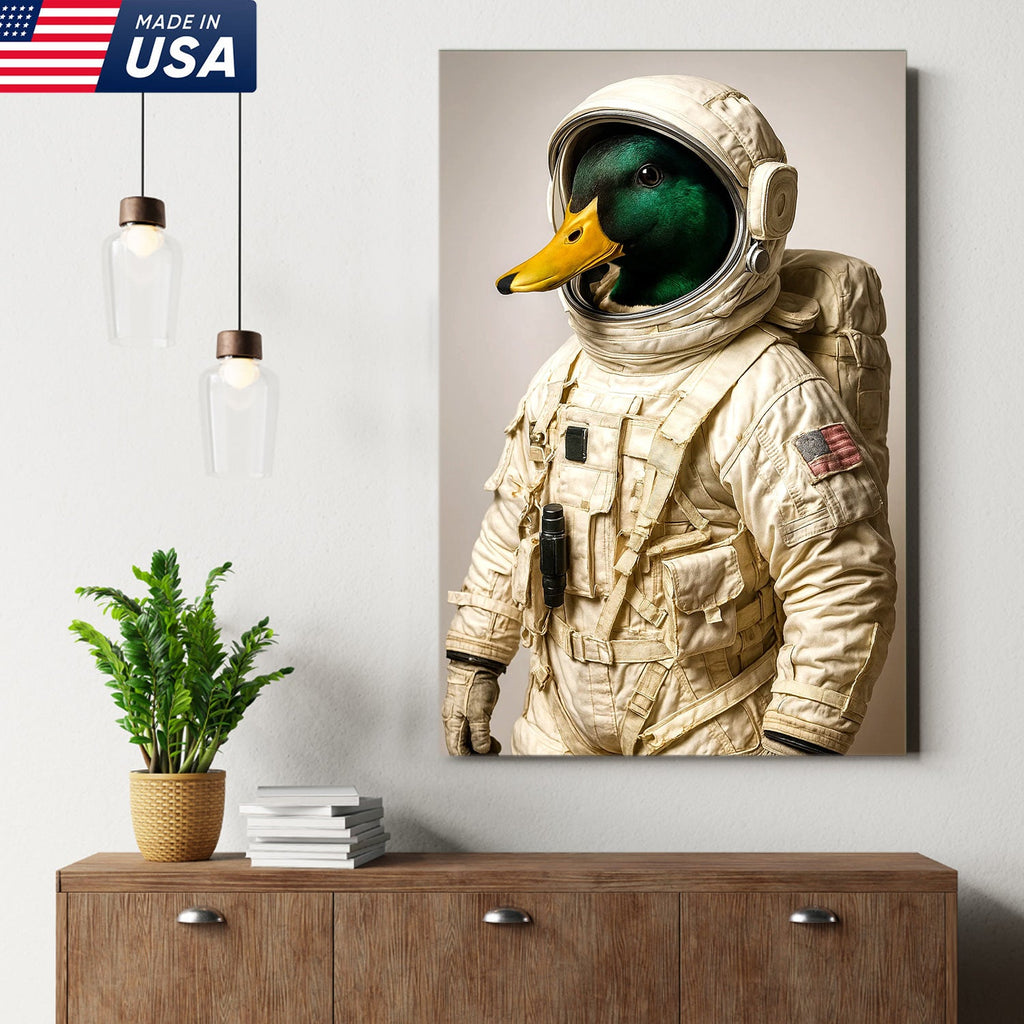 Astronaut Duck Canvas Art – Space Explorer Duck in Full Spacesuit, Whimsical Animal Wall Decor