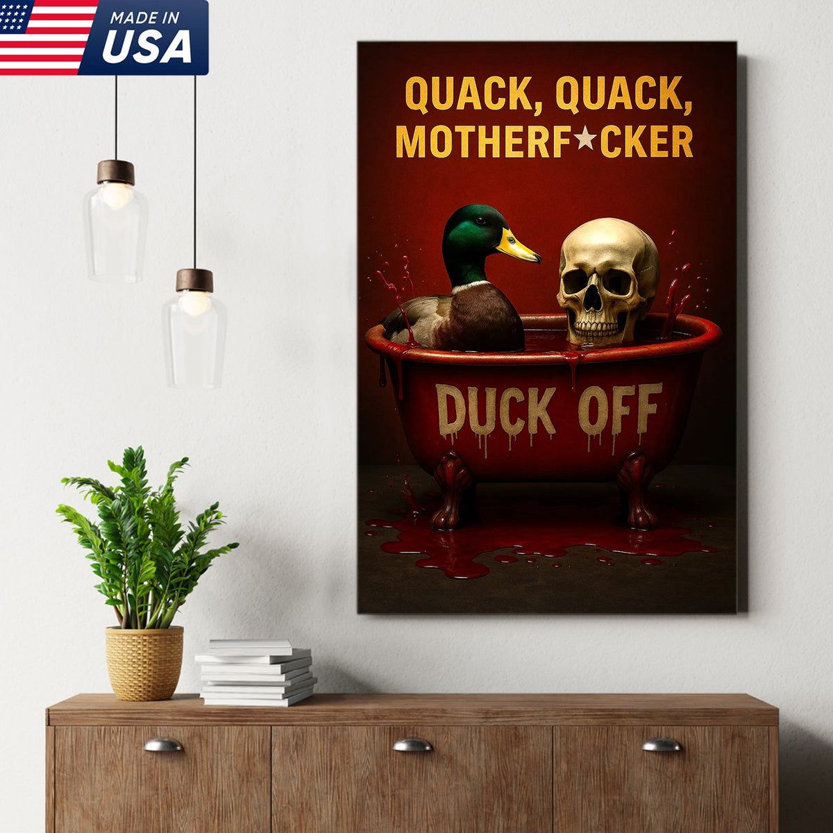 Dark Humor Duck Canvas Art – Savage Duck in Bloody Tub with Skull, Horror-Style “Duck Off” Wall Decor
