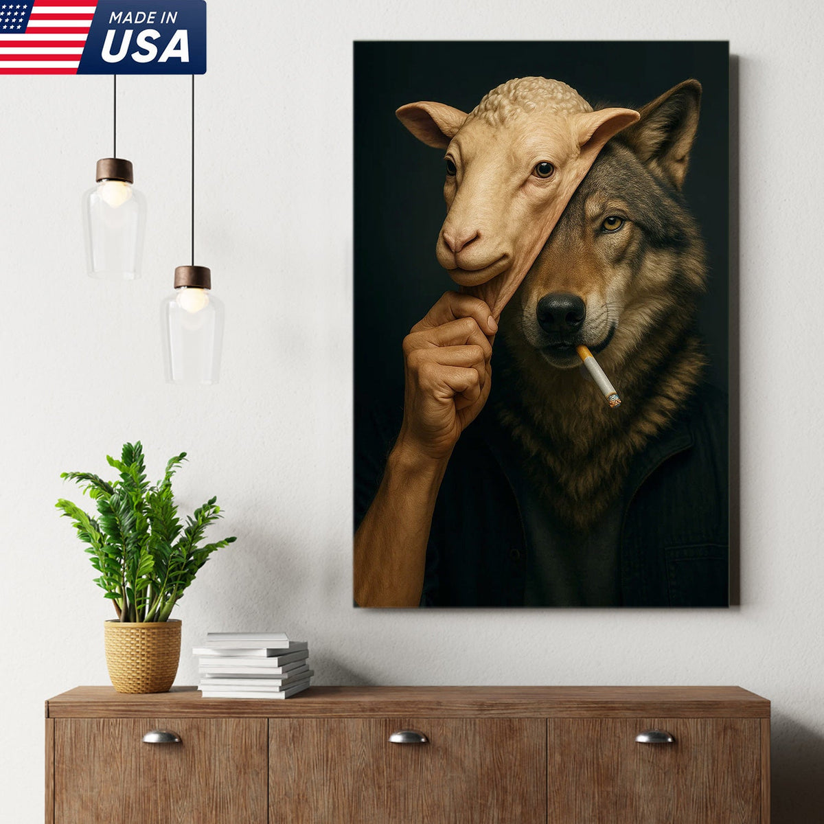 Dark Humor Wolf Wall Art — “Wolf in Sheep’s Clothing” Smoking Cigarette Concept Canvas