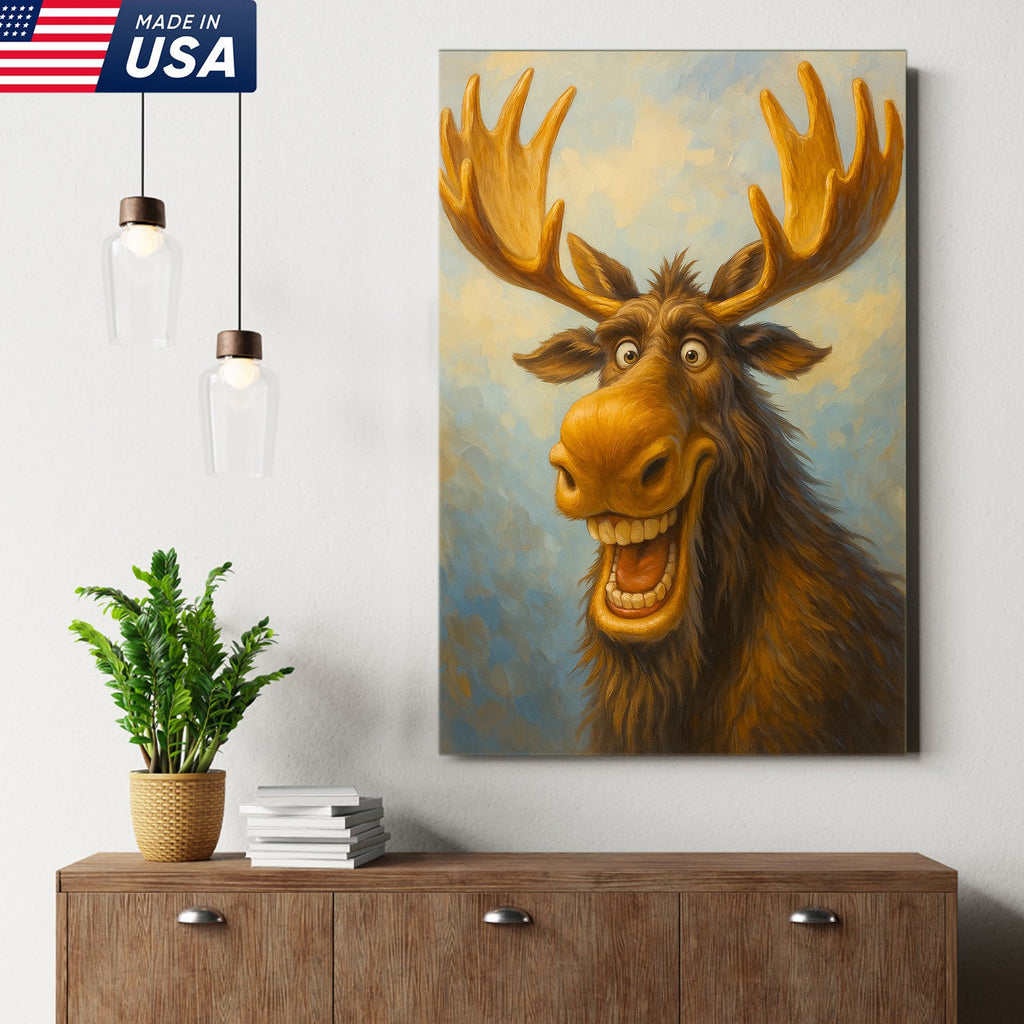 Funny Moose Wall Art – Cartoon Moose Decor, Rustic Cabin Gift, Lodge Bar Humor Canvas Print