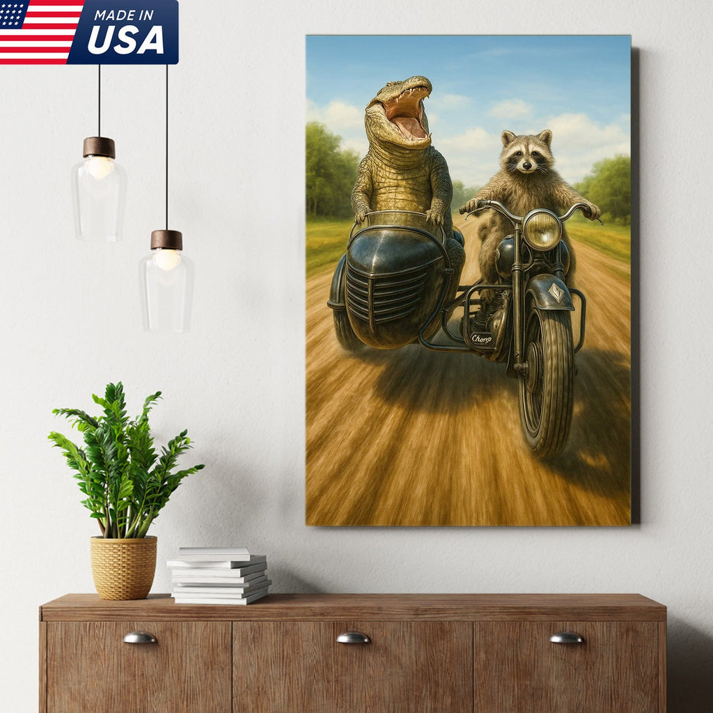 Raccoon Riding Motorcycle with Alligator Sidecar Canvas Wall Art, Funny Wildlife Road Trip Decor for Man Cave