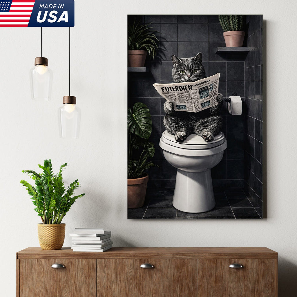 Funny Cat Bathroom Canvas – Cat On Toilet Wall Art – Meme Decor