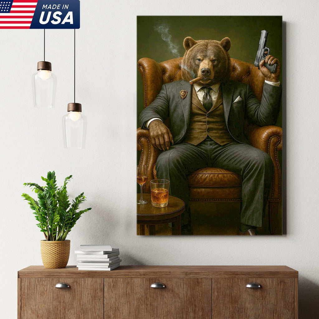 Boss Bear in Tailored Suit Canvas Wall Art, Powerful Gentleman Animal Portrait